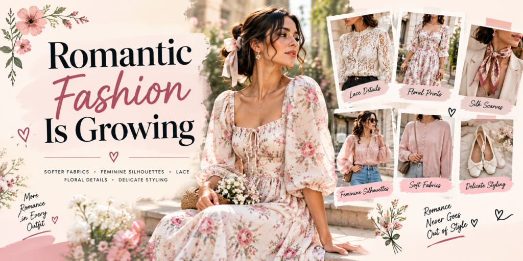 Romantic fashion trend featuring a floral dress, lace details, soft fabrics, feminine silhouettes, silk scarves, and delicate styling.